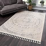 payé Teppich Wohnzimmer Mandala mit Fransen Deko Boho - Beige Grau - 80x150cm - Kurzflor Schlafzimmer Flur Dekoration Läufer - Orientalische Tepp