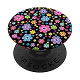 Violett/Blau/Grün/Orange/Frühlingsblumen auf einem schwarzen Blumen PopSockets mit austauschbarem PopGrip