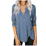 Hirolan Shirts Damen Pullover Langarmshirt Farbblock Tops Rundhals Tunika Blusen Casual Herbst ReißVerschluss Langarm V-Ausschnitt Knopf T-Shirt Top Oberteile Langarmshirt B