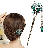 WSERE 3 Stück Haarnadeln chinesische Haarstäbe mit Quaste Retro Haarspange Frauen Mädchen Vintage Kristall Schmetterling Haarnadel Blatt Haarspange Essstäbchen mit Kette Q