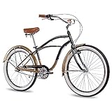 CHRISSON 26 Zoll Beachcruiser Sando schwarz Gold mit 3 Gang Shimano Nexus Nabenschaltung, Damenfahrrad, Herrenfahrrad im Retro Look, Vintage Cruiser Bik