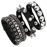 Eigso Punk Armband 3 Stücke PU Lederarmband mit Nieten Ketten Schwarz Einstellbar für Damen H
