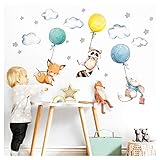 Little Deco Aufkleber Babyzimmer Tiere & Luftballons I Wandbild 97 x 57 cm (BxH) I Waschbär Fuchs Sterne Maus Wandtattoo Kinderzimmer Junge Mint DL508