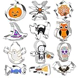 OMNIQI Halloween Ausstechformen, 12 Stück No-Repeat Halloween Keksausstecher, Edelstahl Plätzchen Ausstecher, Halloween Ausstecher Kürbis Besen Spinnweben Fledermaus Katze Totenkopf Hex