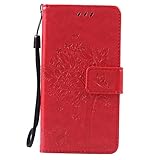THRION Samsung Galaxy A3 2016 Hülle, PU Cat und Baum Brieftaschenetui mit magnetischer Handschlaufe und Ständerhalterung für Samsung Galaxy A3 2016, Rot#1