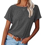 ORANDESIGNE Damen T-Shirt Sommer Kurzarm Rundhals Basic Shirt Kurzarm Tshirt Lose Sportshirt Einfarbig Teenager Bluse Oberteile Tops A-Dunkelgrau S