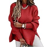 Onebary Damen-Pullover, leger, lockerer Langarm, Rollkragen, grobgestrickt, Pullover, rot, M