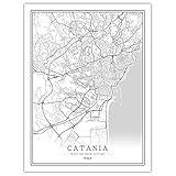 KENG Leinwandbilder Bild,Italien Catania Drucken Schwarz Weiß Weltkarte Minimalistischer Text Leinwand Poster Malerei Wandbild Rahmenlose Galerie Kunstwerk Wohnzimmer Büro Home D