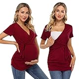 KOJOOIN Damen Stillshirt V-Neck Umstandsshirt Kurzarm Umstandsmode Schwangere Nursing Tops Weinrot XXL
