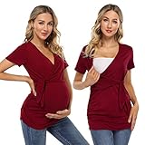 KOJOOIN Damen Stillshirt V-Neck Umstandsshirt Kurzarm Umstandsmode Schwangere Nursing Tops Weinrot L