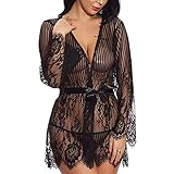 Erotische Unterwäsche - Damen Dessous Spitzen Kimono Sexy Kleid Weiter Ärmel Reizwäsche Set Negligee Unterwäsche Outfit Transparent Cover Up Morgenmantel mit Satin Gürtel S-XXL