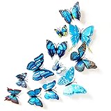 Oblique-Unique 3D Schmetterlinge Doppelflügel Effekt Blumen 12er Set Dekoration Wandtattoo (Blau)