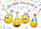 Smiley-Einladungen (Set 2):'LET´s HAVE a PARTY' / Geburtstagseinladungen Kinder Mädchen Jungen: 10-er-Set lustige Smiley- / Emoji-Einladungskarten zum Kindergeburtstag von EDITION COLIBRI © (10719)