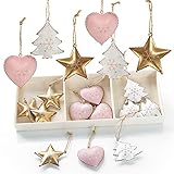 Logbuch-Verlag 18 kleine Christbaumanhänger aus Metall Herz + Stern + Baum rosa Gold weiß - Weihnachtsbaumschmuck zum Aufhäng