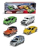 Majorette SUV 5er-Geschenkset, Spielzeugautos mit Freilauf aus Metall, Mercedes-AMG G 63 Police, Jeep Wrangler Safari, Lamborghini Urus & exklusiv Lamborghini grün und Land Rover Defender 110 Zeb