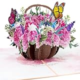 LIMAH® Pop-Up 3D Grußkarte/ Blumenkorb-Karte (Hortensien) für Sie zum Geburtstag, Muttertag, Valentinstag, zur Genesung oder als Dankeskarte /Blumenkorb mit Schmetterlingen M