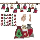 Rvaymup 24 Sets Weihnachten Adventskalender Kordelzugbeutel mit Filz Herz Baum Sockenaufkleber Holzclips Seile Countdown B
