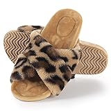 FITORY Hausschuhe Damen Plüsch Warm Flauschig Pantoffeln Offene Zeh Fell Schlappen mit Kork Fußbett Gr.38 Leop
