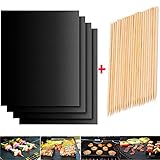 HCDMRE 4er Set BBQ Grillmatte, 40x60cm Grill Teflon Matte, Grillspieße aus Bambus, Antihaft Grillmatte, BBQ Grillmatten Fuer Gasgrill, Bequee G
