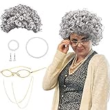 BIQIQI Oma Perücke Grauer Old Lady Kostüm Set Damen Großmutter Cosplay Zubehör mit Locken Oma Perücke, Madea Oma Brille, Brillenketten Kordelriemen, Perlenschmuck Oma Verkleidung Fasching