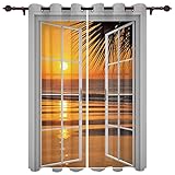 FGYSFT Blickdichter Vorhang, Sonnenuntergang Meer Kokospalme Strand 92X214CM X 2 Vorhang Mit Ösen, Verdunkelungsvorhang, 3D Muster, Gardinen, Kinderzimmer, Schlafzimmer, Thermovorhang, Weihnachtsdek