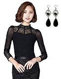 Sitengle Damenbluse Elegant Lace Blusen Spitze langarm Slim Fit Stehkragen mit Futter OL Business Party T-Shirt Tops, schwarz, S