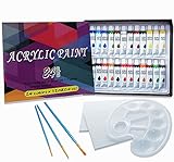 UGUI Acrylfarben Set, 24 Farben in 12ml Tuben, Ideal Art Set mit 3 Craft Paint Pinseln,1 Palette und 2 Leinwänden,Nicht toxisch,Geeignet für Einsteiger und Künstler Set für Stoff, H