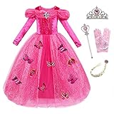 Monissy Kostüm Gefroren Prinzessin Elsa Kleid Blaue Spitze Langarm Glänzenden Tüll Schmetterling Tiara Perücke Handschuh Zauberstab Kostüm Halloween Geburtstag, Rose, 130