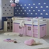 Homestyle4u 1535, Kinder Hochbett Weiß Mit Leiter, Vorhang Rosa, Massivholz Kiefer Weiß, 90x200