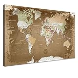 LANA KK - Weltkarte Leinwandbild mit Korkrückwand zum pinnen der Reiseziele – „Weltkarte Oldstyle” - deutsch - Kunstdruck-Pinnwand Globus in braun, in 120x80