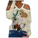 Reasoncool Damen V-Ausschnitt Schulterfreies Top Sweatshirt Oberteil Langarm Loose Gestrickter Pullover Kapuzenpullover T-Shirt Basic Herbst Und Winter Casual Streetwear L