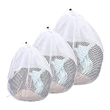 Wäschesack Set, Wiederverwendbare Groß Netzbeutel, Weiß Mesh-Wäschebeutel, 3 Stück Waschmaschine Wäschenetz, Schutz Waschnetz mit Kordelstopper für Unterwäsche, Babywäsche, Socken (S, M, L)