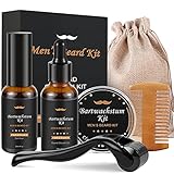 Bartpflege Set für Männer - Beard Growth Kit Geschenkset, 5 Teilig Anregung von Bartwachstum mit Bartroller, Bartserum, Bart Balsam, Bartkamm, Bartwuchsmittel 100% Natü