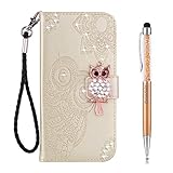 Grandoin Kompatibel mit Huawei P Smart 2021 Hülle, Bling Glitzer Glitter Süße Eule Strass Kratzfest Handyhülle im Brieftasche-Stil Handytasche PU Leder Flip Cover Case Schutzhülle Etui (Gold)