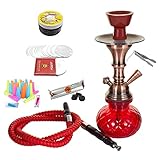 Shisha Wasserpfeife Hookah Glas Bong CLASSIC mit Schlauch extra viel Zubehör Kohlen - stylisch praktische Größe komplettes Set (Rot)