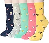 Chalier 5 Paare Damen Lustige Cat Socken mit Motiv Karikatur Tier Witzige Niedlich Katze Hund Coole Bunte Socken Baumwolle Weihnachten Geschenkideen für Frauen M