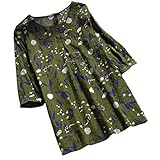 LOPILY Leinen Tunika Damen Blumen Gedruckte Bluse 3/4 Arm Oberteile mit Plissee Gefaltet Hippie Boho Tunika Große Größen für Freizeit Urlaub O-Neck Lose Lässige Oversize Oberteile 50 48 (Grün, 50)