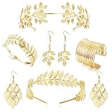 JeweBella 6 Stück Gold Griechische Göttin Kostüm Schmuck Set für Damen Armreif Oberarm Stirnband Römischen Lorbeerkranz Haarschmuck Tiara Ohrringe Gold Hochzeit Braut Schmuck S