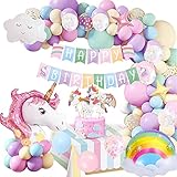 Geburtstagsdeko Mädchen Einhorn Deko Kinder, Kindergeburtstag Deko Rosa Luftballons Geburtstag mit 3D Einhorn Ballon, Happy Birthday Girlanden, Kuchen Topper Einhorn für Mädchen Freundin T