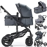 Daliya Bambimo 2in1 Kinderwagen - Kombikinderwagen 9-Teiliges Set incl. Babywanne & Sportsitz/Buggy - 1-Klick-System/Alu-Rahmen/Voll-Gummireifen/Sonnenschutz/Getränkehalter in Dunkel-G