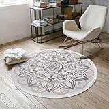 SHACOS Teppich Baumwolle Rund 120cm Grau Baumwollteppich Waschbar Groß Vintage Teppich Mandala Rund Boho Teppich für Wohnzimmer Beige Schlafzimmerteppich Flachgeweb