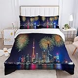 Bettwäsche 140x200 Kinder 3 Teilig Feuerwerk 3D Druck, 1 Bettbezug 140x200 und 2 Kissenbezug 80x80, Flauschig Bettwäsche Sets aus Mikrofaser mit Reißverschluss für Mädchen Jung