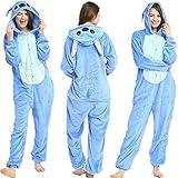 Tier Pyjama Onesies Fasching Halloween Kostüm Schlafanzug Cosplay Pyjama Unisex Erwachsene Damen Karneval Einteiler Stitch L