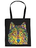 Wolf Motiv Stofftasche - Wolf Tasche : Wolf - Wolfkopf/Wölfe Neon Kunstdruck Baumwolltasche Farbe: Schw