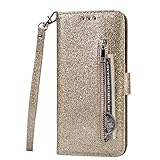 Lijc Kompatibel mit Samsung Galaxy S10 Plus Hülle Glitter Reißverschluss PU Leder Portemonnaie mit Standfunktion und Kartenfach Magnetverschluss Stoßfester Flip-G