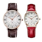 Shmtfa 2Pcs Runde Casual Uhren Analog Quarz Einfachheit Armbanduhr wasserdichte Uhr Lederband Römische Ziffer Zifferblatt für Männer und Frauen (rot)