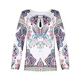 Boho Blusen Damen Elegante Oberteile Blumen V-Ausschnitt Tunika T-Shirt mit Rüschen Langarm Vintage Tops mit Spitze Freizeit Chiffon Bluse Manschetten-Ärmel Locker S