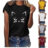 T-Shirt Damen Oversize Katze Drucken Rundhals Kurzarm Oberteile Hemd Casual Tops Bluse Sommer Oberteile Oben Hemd Grafik Oberteile Female Teenager Mädchen Tee Tops Tunika Teenager M