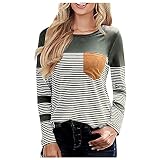 Damen-T-Shirt, Rundhalsausschnitt, gestreift, Patchwork, Farbblock, trendig, Loungewear, Tunika, T-Shirt, Tops mit Tasche für Teenager-Mädchen, grün, S