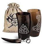 VIKING CRAFT® Trinkhorn Wikinger Hornbecher 2x ca. 350ml - Große Wikinger Becher für Deinen Wikinger Met Honigwein - Wikinger Deko, Met Becher, Horn Set, Mittelalter Bierkrug, LAR